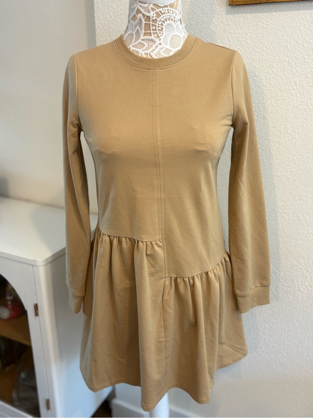 English Factory Long Sleeve Asymmetrical Tiered Mini Dress in Camel- size XS